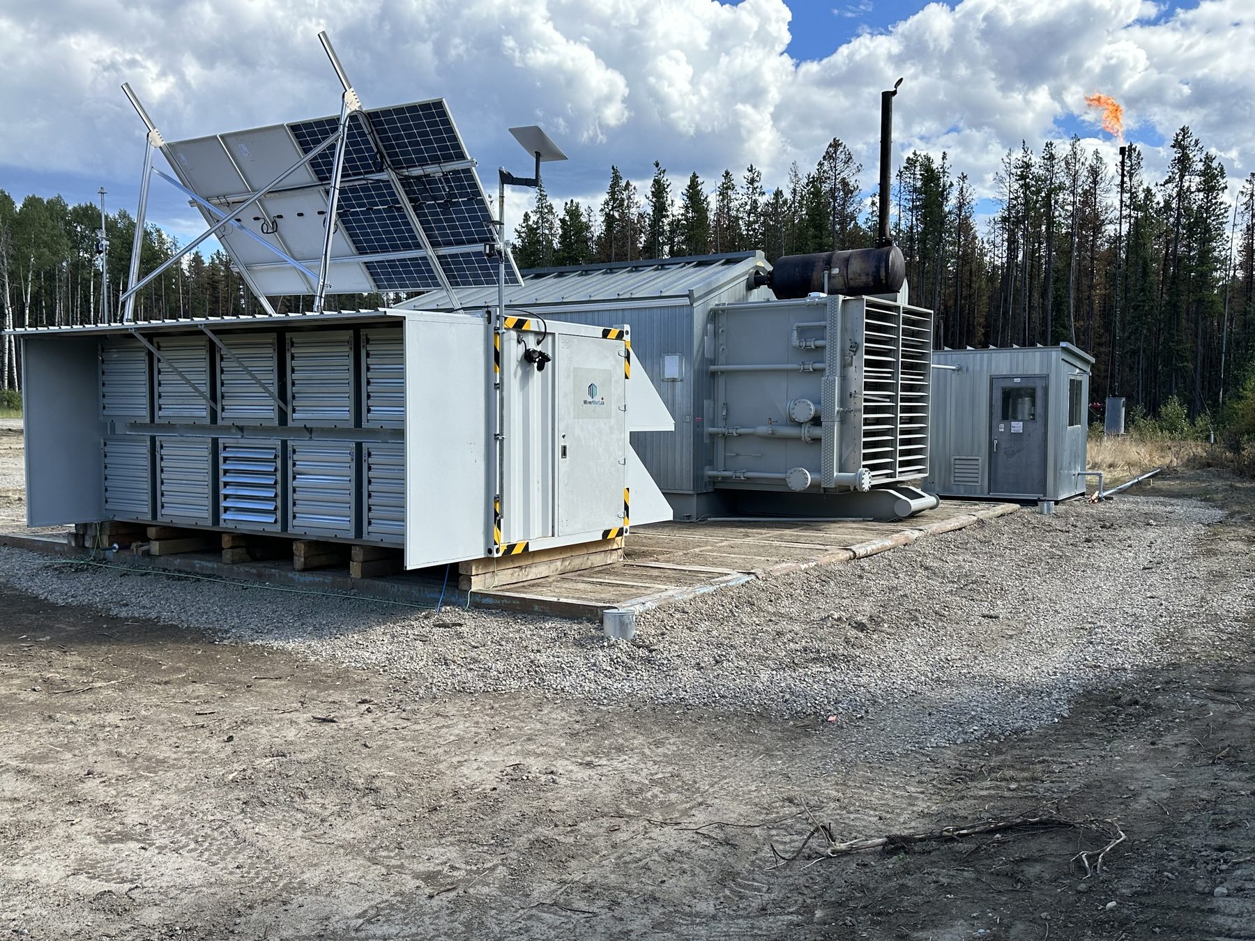 Modular mining containers with integrated solar and environmental controls.